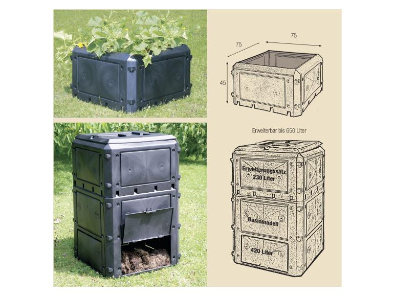 Composteur de jardin modulaire avec plantes, avec dimensions et capacités de 420L et 230L.