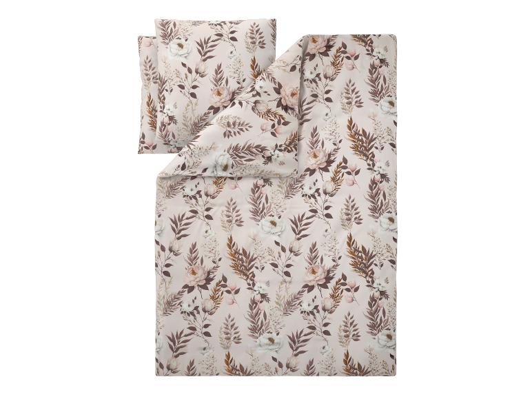 Parure de lit à motif floral, feuilles beiges et marron, et fleurs blanches et roses.