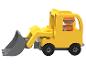Une pelleteuse jaune en jouet avec une pelle grise.