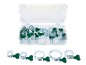 Jeu de colliers de serrage avec vis papillon vertes dans un organisateur transparent et colliers individuels.
