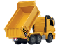 Camion-benne jouet jaune avec benne levée sur fond noir