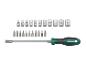 Ensemble d'outils avec tournevis, rallonge flexible, embouts et douilles de 4 à 14 mm.