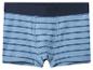 Caleçon boxer homme rayé bleu et bleu marine avec une ceinture élastique foncée.