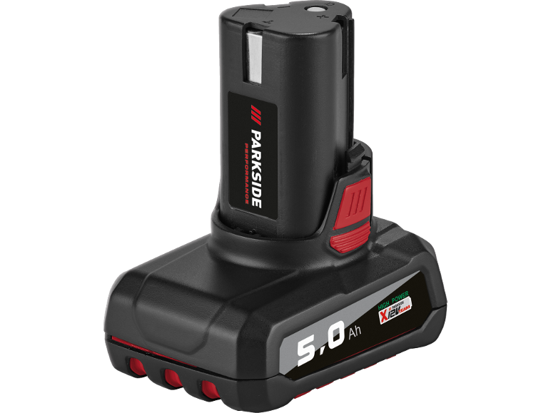 Batterie d'outil électrique noire de 5,0 Ah avec des accents rouges et un texte blanc.