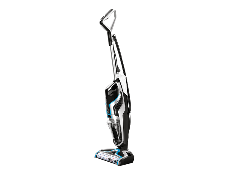 Nettoyeur de sols vertical multi-surfaces en blanc, noir et bleu.
