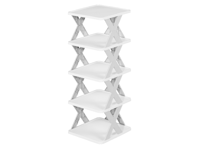 Une étagère blanche à cinq niveaux avec un support gris en forme de X.