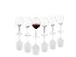Un verre de vin rouge entouré de verres vides.