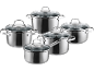 Ensemble de casseroles en acier inoxydable avec couvercles en verre.
