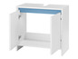 Une armoire de salle de bain blanche avec deux portes et un dessus bleu.