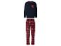 Un pyjama bleu à manches longues avec un pantalon à carreaux rouges.