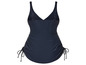 Un maillot de bain bleu marine avec des nœuds sur les côtés.