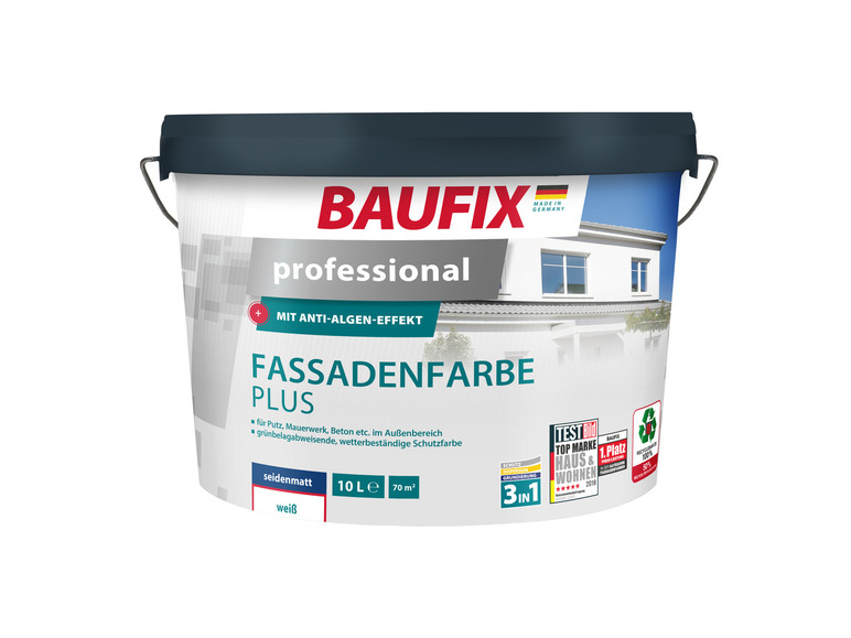 Seau de peinture de façade Baufix Plus, blanche, mate, avec effet anti-algues.