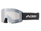 Masque de ski gris avec sangle noire et logo blanc.