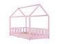 Un lit enfant en bois rose avec un cadre en forme de maison
