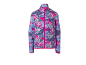 Veste polaire enfant avec motif abstrait coloré et fermeture éclair fuchsia.