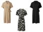 Trois robes à manches courtes pour femmes : beige, zèbre noir et blanc et noire.