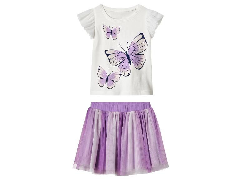 T-shirt blanc avec papillons violets et jupe en tulle violette et blanche