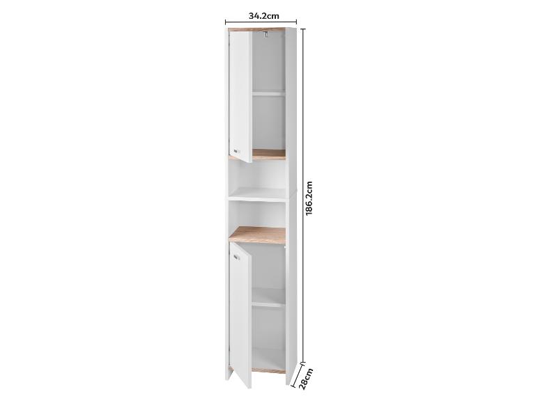 Étagère de salle de bain haute et étroite avec portes blanches et étagères en bois, dimensions indiquées.