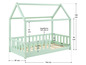 Un lit enfant en bois vert clair avec un toit, adapté pour un matelas de 160x80cm.