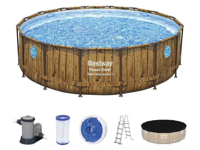 Piscine Bestway Power Steel avec motif bois, filtre, échelle et couverture.