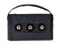 Un radio portable vintage noir avec des commandes de basses, d'aigus et de volume.