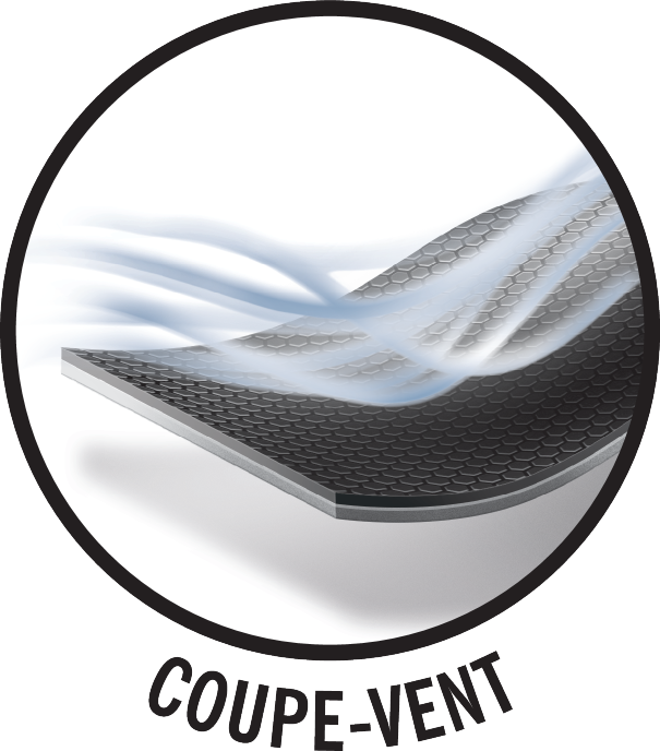 Badge représentant un matériau coupe-vent, avec l'inscription « COUPE-VENT ».