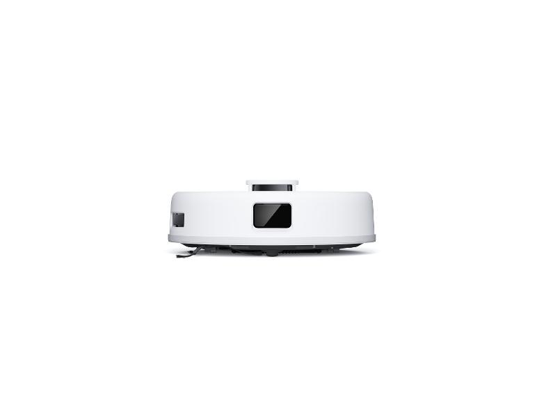 Un robot aspirateur blanc circulaire est présenté sur fond blanc.