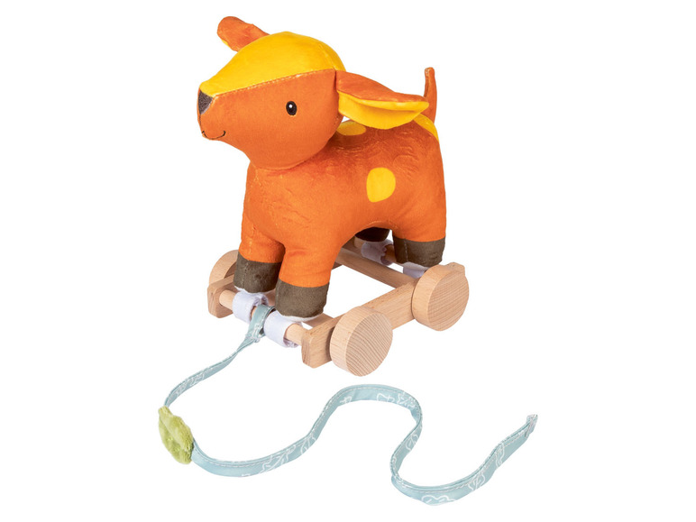 Un animal en peluche orange sur des roues en bois avec une ficelle de traction bleue.
