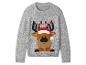 Pull de Noël gris avec un renne aux bois et lumières colorées