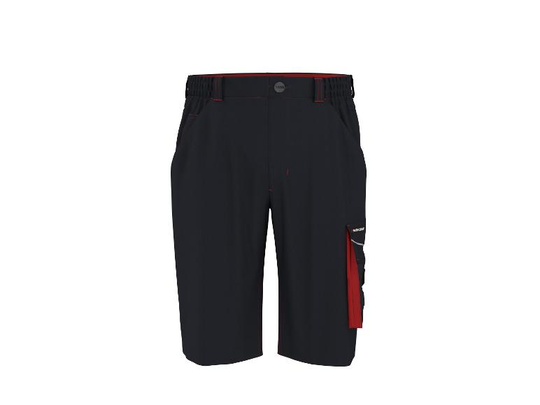 Short de travail foncé avec des accents rouges et des poches cargo.