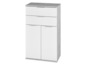 Une armoire blanche avec deux tiroirs et deux portes.