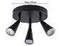 Plafonnier noir avec trois spots LED orientables, 18 cm de diamètre.