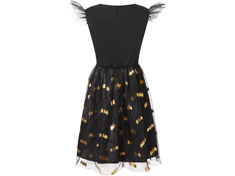Robe enfant Batman avec corsage noir et jupe en tulle à chauves-souris dorées.