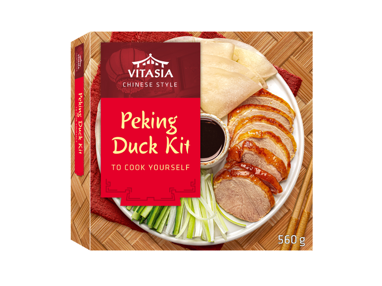 Kit de canard laqué avec crêpes, sauce, légumes et 560 g de viande, style chinois.
