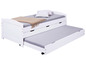Un lit en bois blanc avec un lit gigogne et deux tiroirs.