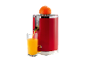 Presse-agrumes rouge avec une orange versant du jus dans un verre.