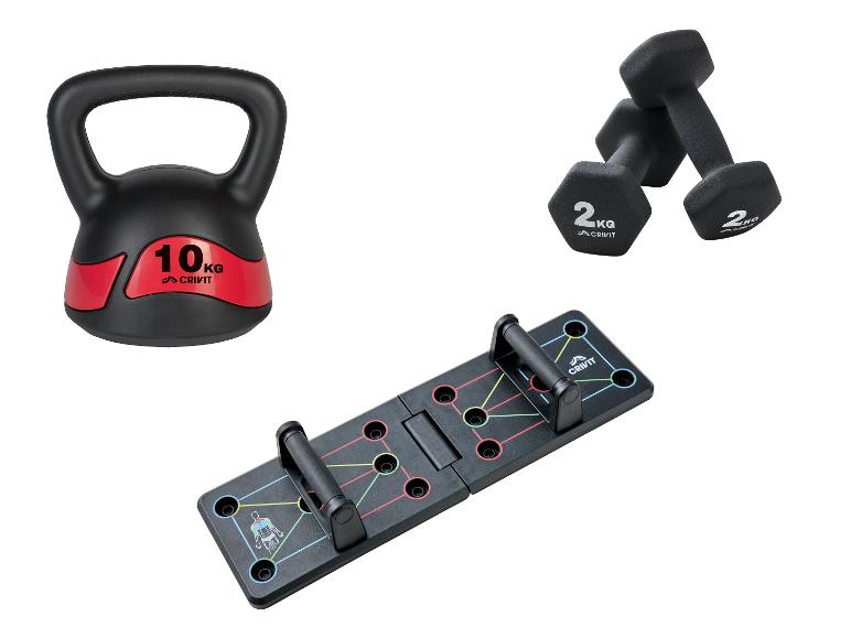 Kettlebell Crivit (10 kg), haltères (2 kg) et une planche à abdos pliable.