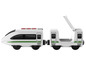 Un train en bois blanc avec une plateforme de chargement ouverte