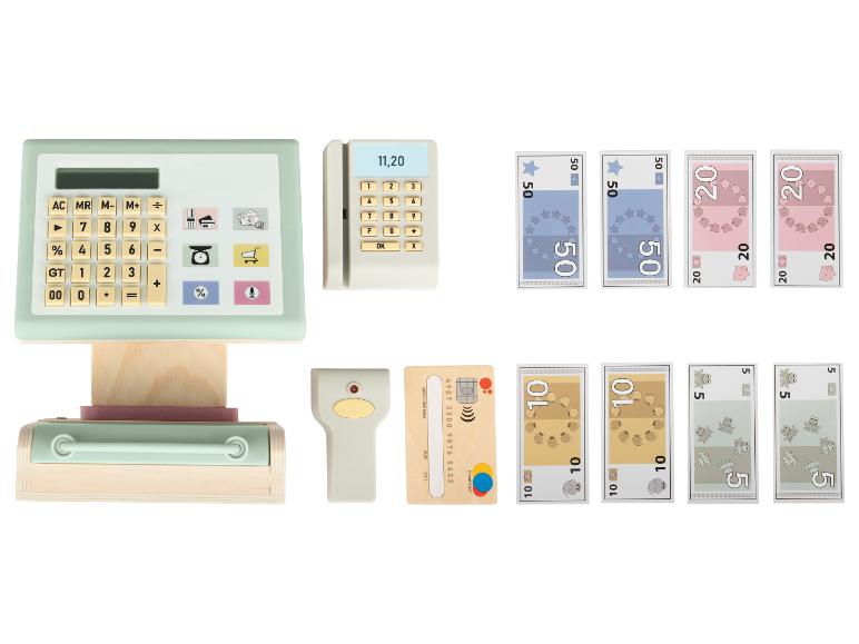 Caisse enregistreuse jouet avec calculatrice, lecteur de cartes et billets en plastique.