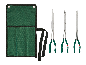 Jeu de pinces à bec long avec pochette de rangement verte.