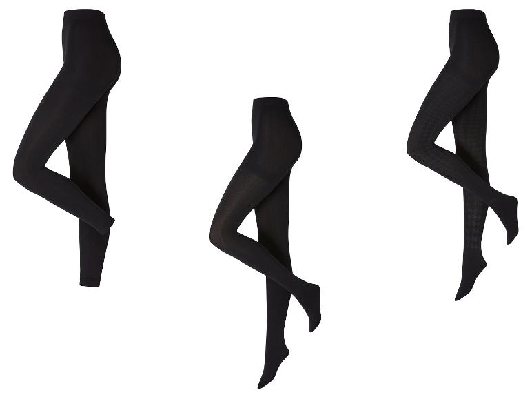 Trois paires de collants noirs, deux unis et un à motif pied-de-poule.