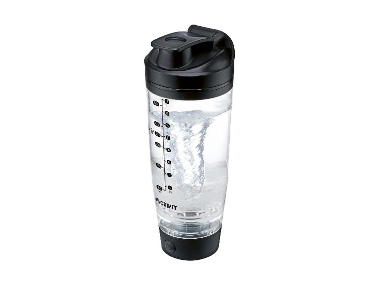 Shaker transparent avec bouchon et base noirs, rempli d'eau en tourbillon.