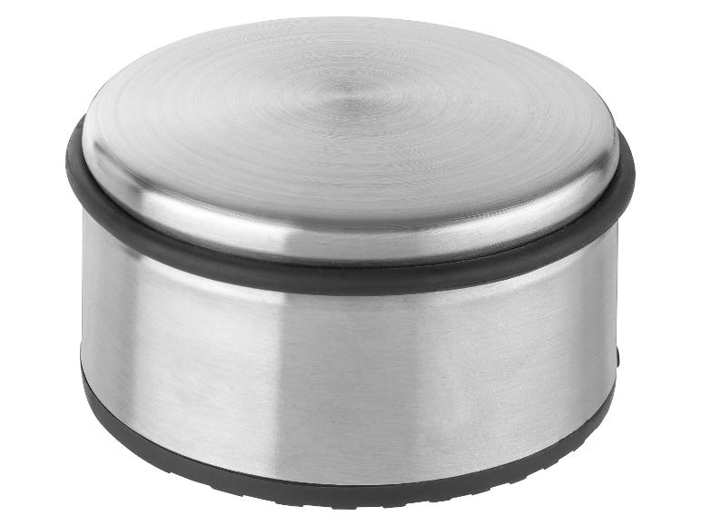 Butoir de porte rond en acier brossé avec anneau en caoutchouc noir.