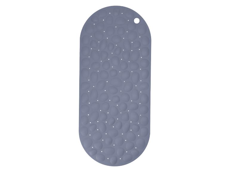 Tapis de bain antidérapant gris avec motif galets et trous de drainage.