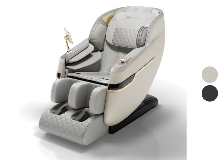 Fauteuil de massage de luxe beige et gris avec des accents dorés et un écran tactile.