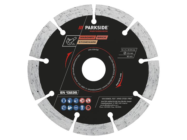 Disque de coupe diamanté pour maçonnerie, brique et grès, avec pictogrammes de sécurité.