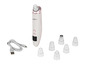 Un nettoyant pour le visage Maxmee rose et blanc avec plusieurs embouts et un câble USB.