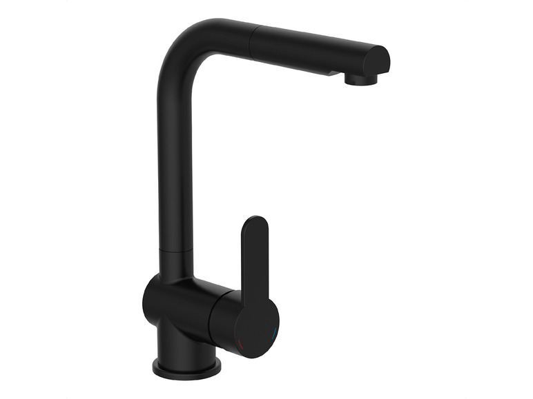 Un robinet de cuisine noir avec un bec haut.