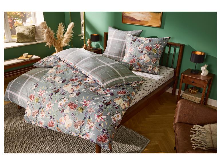 Parure de lit en satin microfibre LIVARNO home avec motifs floraux et carreaux.