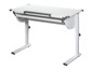 Un bureau blanc avec hauteur réglable et un plateau coulissant.